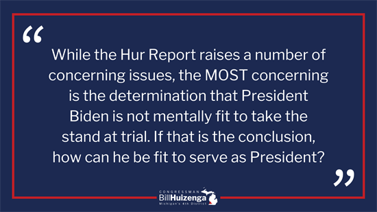 Huizenga Statement on the Hur Report